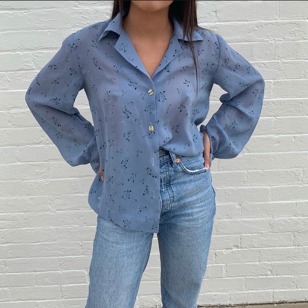 Sheer Button Down Blue Abstract Blouse!